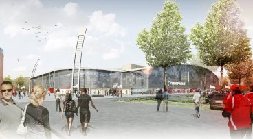 Det nye stadion i Silkeborg JYSK Park bliver ifølge borgmester Steen Vindum det mest moderne i Danmark. Det forventes at stå klar til superligabold i 2016. Ti millioner kroner af finansieringen kommer fra JYSK-koncernen, der har betalt for stadionnavnet.
Foto: presse