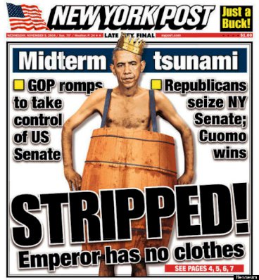 Obama er blevet en belastning for Demokraterne og har ikke fået mange invitationer til at føre valgkamp for lokale kandidater. Onsdag i sidste uge havde New York Post denne forside. Foto: NY Post