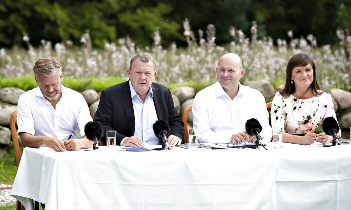 Statsminister Lars Løkke Rasmussen, udenrigsminister Anders Samuelsen, justitsminister Søren Pape og innovationsminister Sophie Løhde holdt pressemøde efter regeringsseminaret på St. Restrup Herregård ved Nibe.