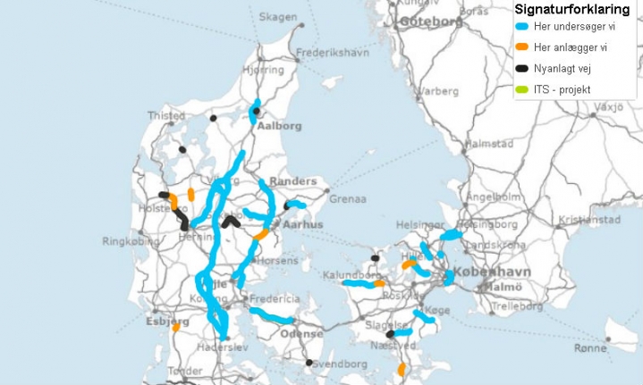 Vejdirektoratets kort over igangværende motorvej/motortrafikvej- samt baneprojekter. Se link til kortet nederst i artiklen.