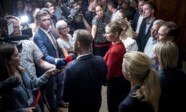 Mette Frederiksen (S), Pia Olsen Dyhr (SF), Pernille Skipper (EL) og Morten Østergaard (R) efter de afsluttede regeringsforhandlinger i Landstingssalen på Christiansborg, tirsdag 25. juni 2019.