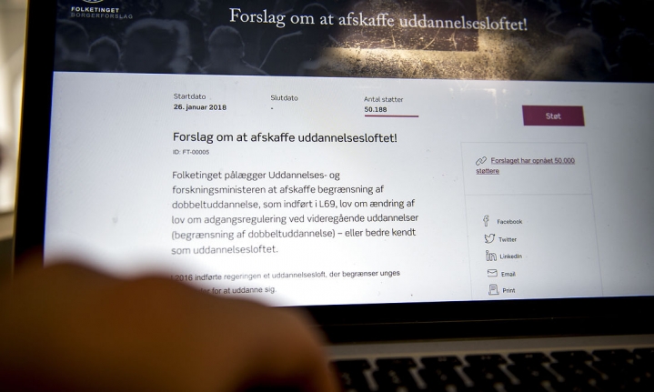 Det første borgerforslag, der fik 50.000 støtter, kunne i februar 2018 sendes videre til behandling og afstemning i Folketinget.