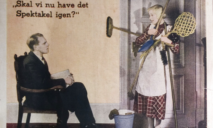 Nilfisk-reklame fra 1920, hvor de gode gamle kønsroller endnu herskede og ingen mænd behøvede føle sig truet af stærke kvinder.